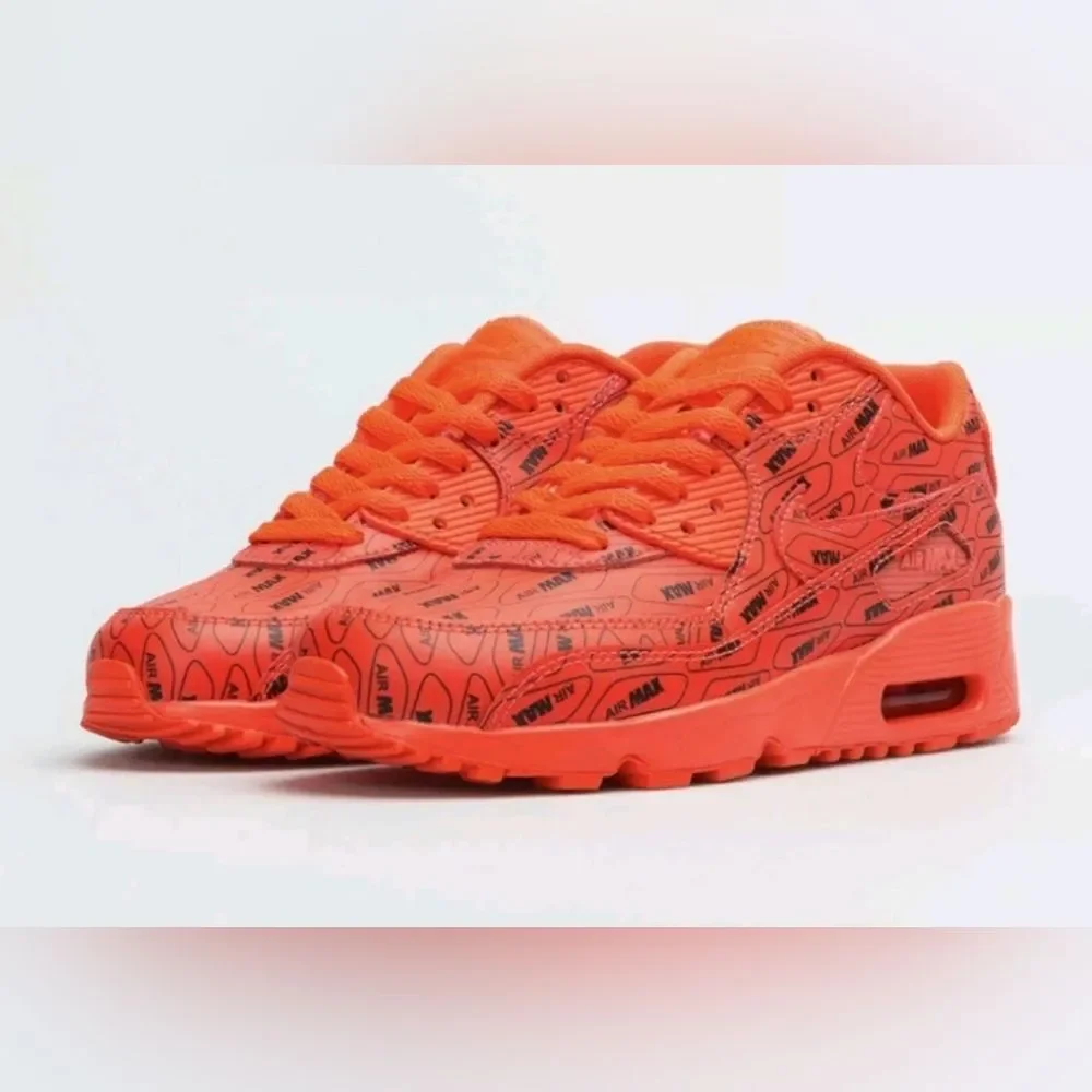 Nike Air Max 90 SE LTR GS All Print Logo Bright Crimson Red Sneakers Women 5.5